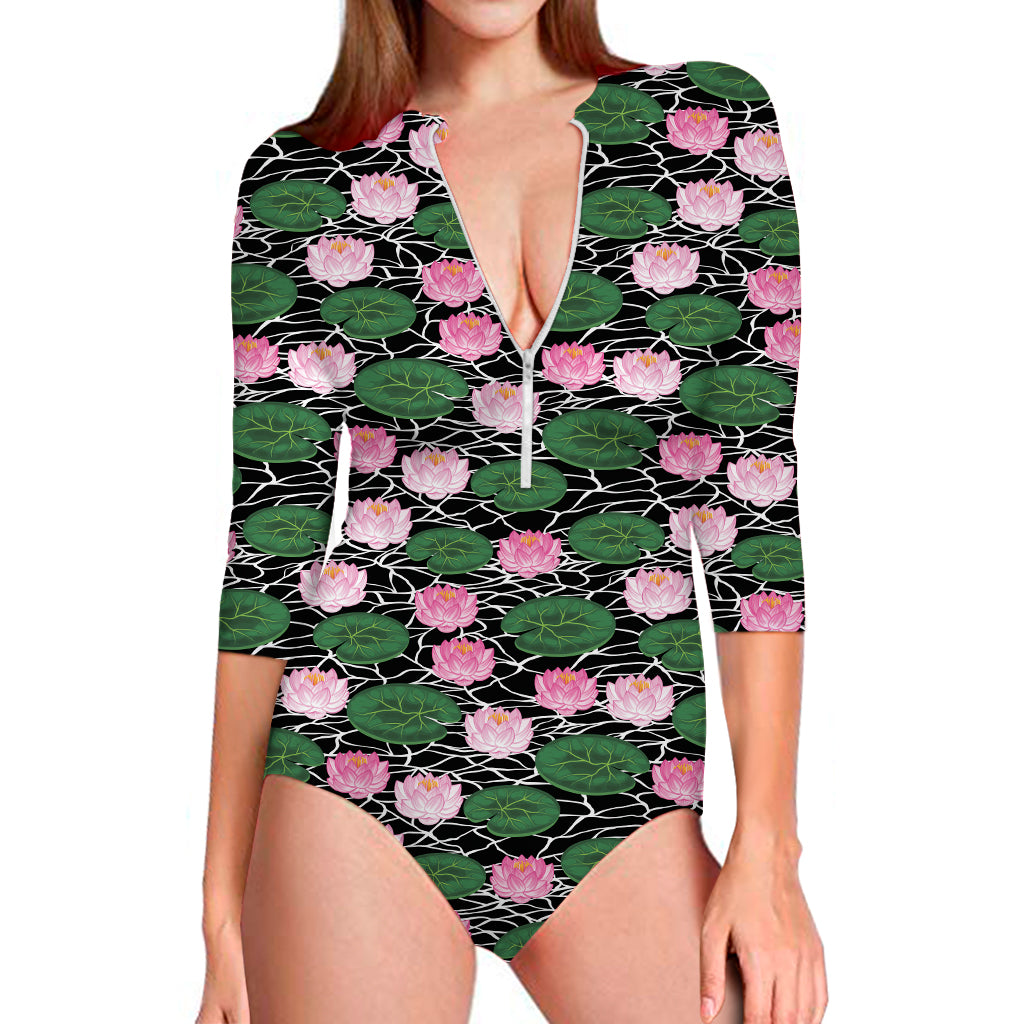 Lotus Flower And Leaf Pattern Print Long Sleeve One Piece Swimsuit