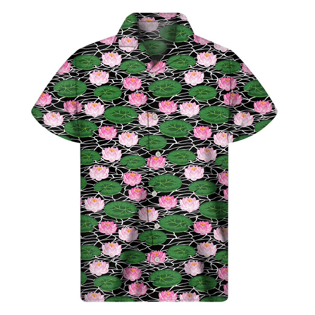 Lotus Flower And Leaf Pattern Print Men's Short Sleeve Shirt