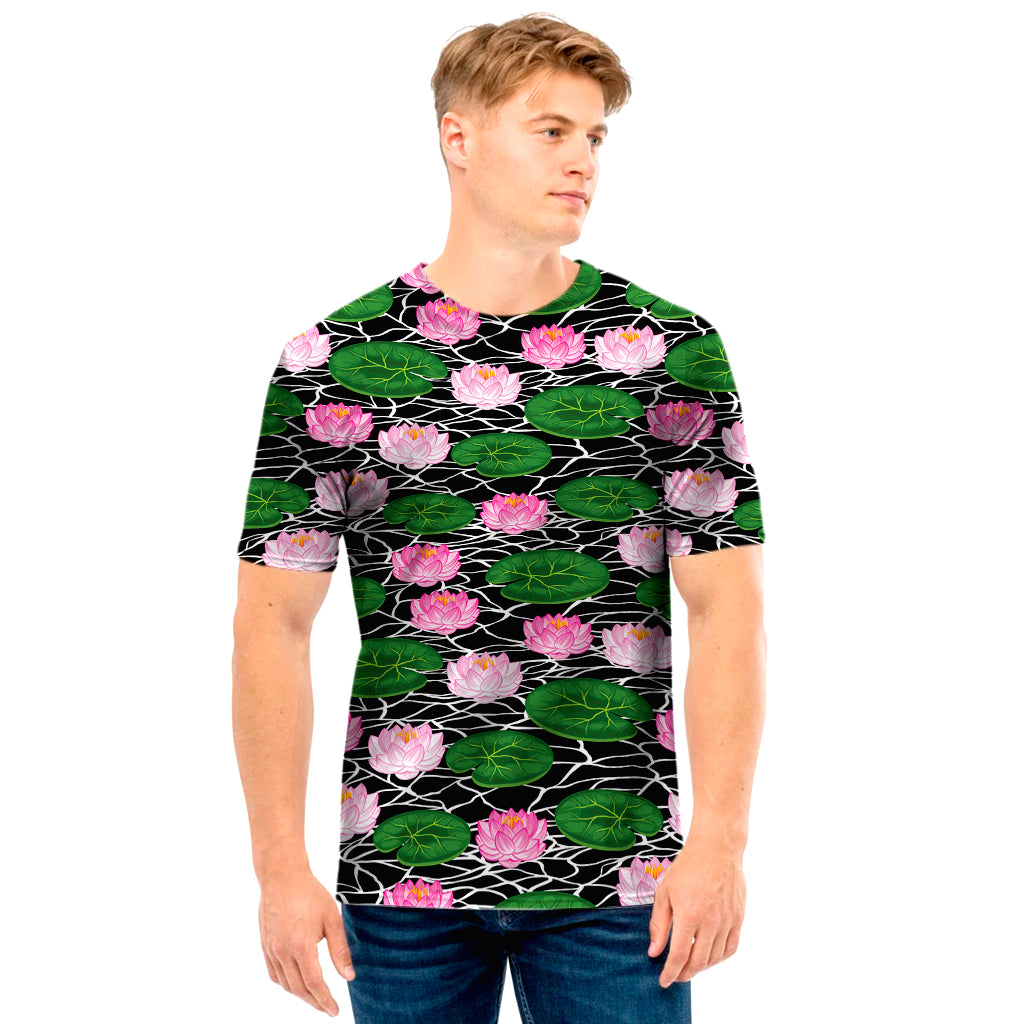 Lotus Flower And Leaf Pattern Print Men's T-Shirt