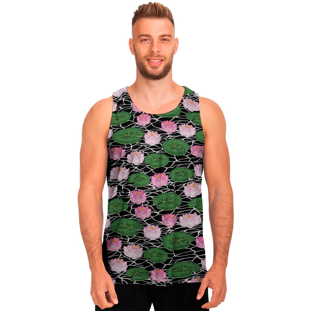 Lotus Flower And Leaf Pattern Print Men's Tank Top