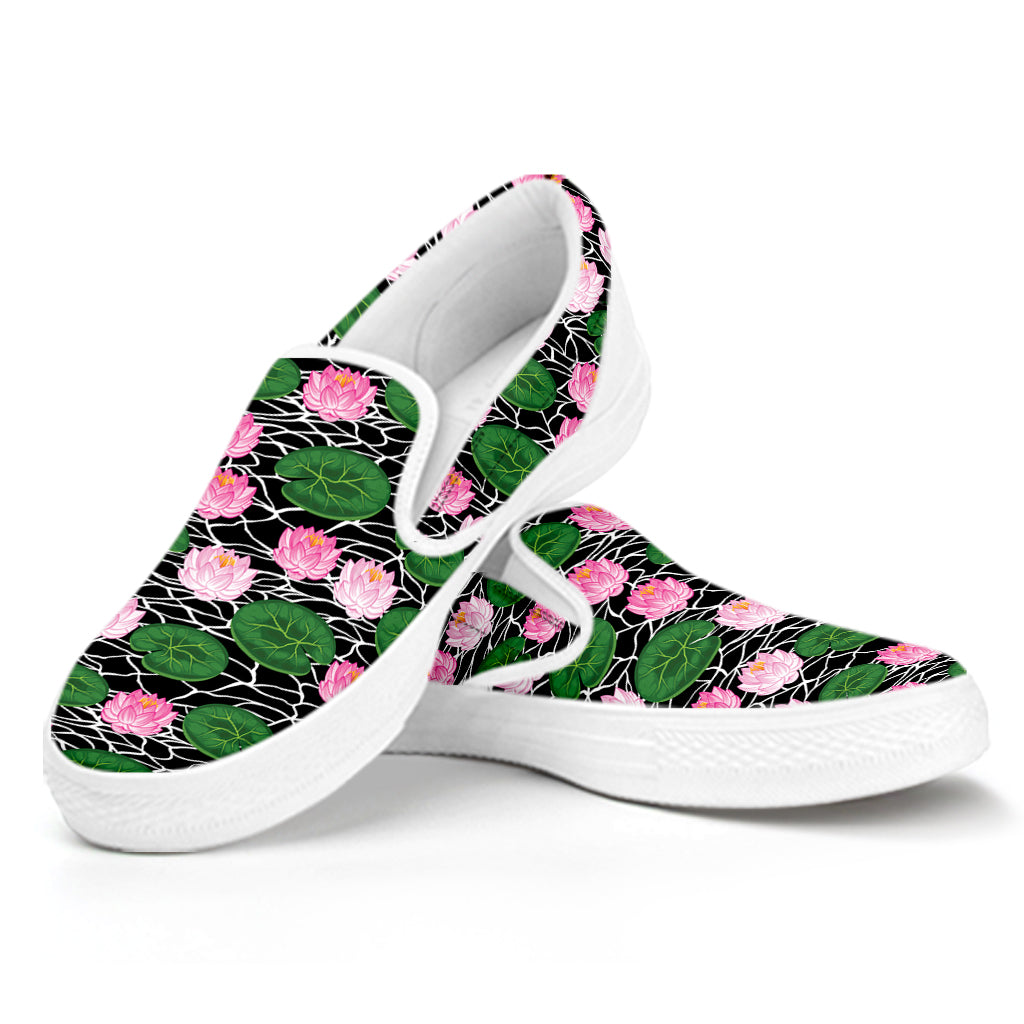 Lotus Flower And Leaf Pattern Print White Slip On Shoes