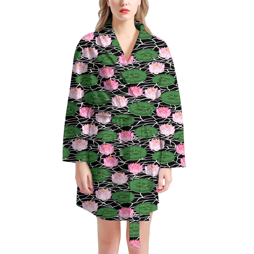 Lotus Flower And Leaf Pattern Print Women's Bathrobe