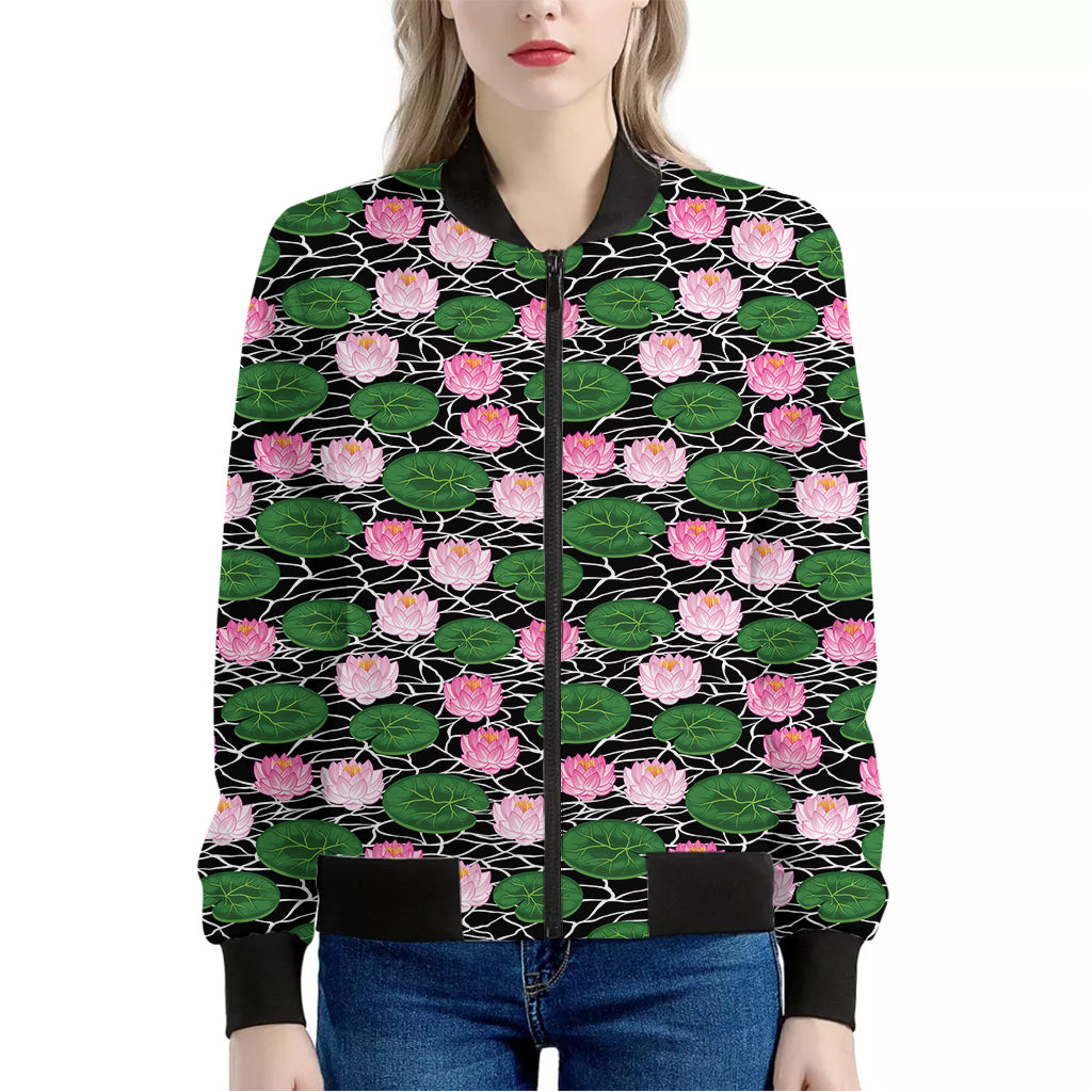 Lotus Flower And Leaf Pattern Print Women's Bomber Jacket