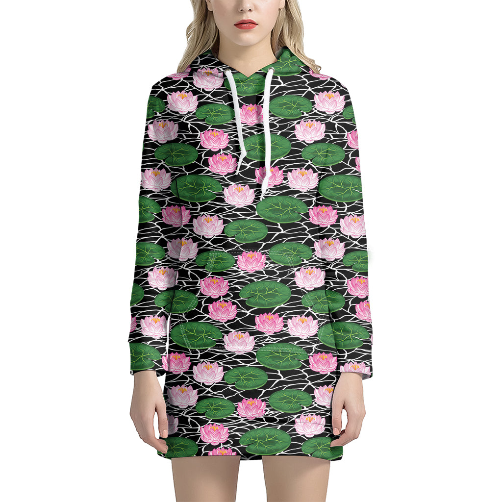 Lotus Flower And Leaf Pattern Print Women's Pullover Hoodie Dress