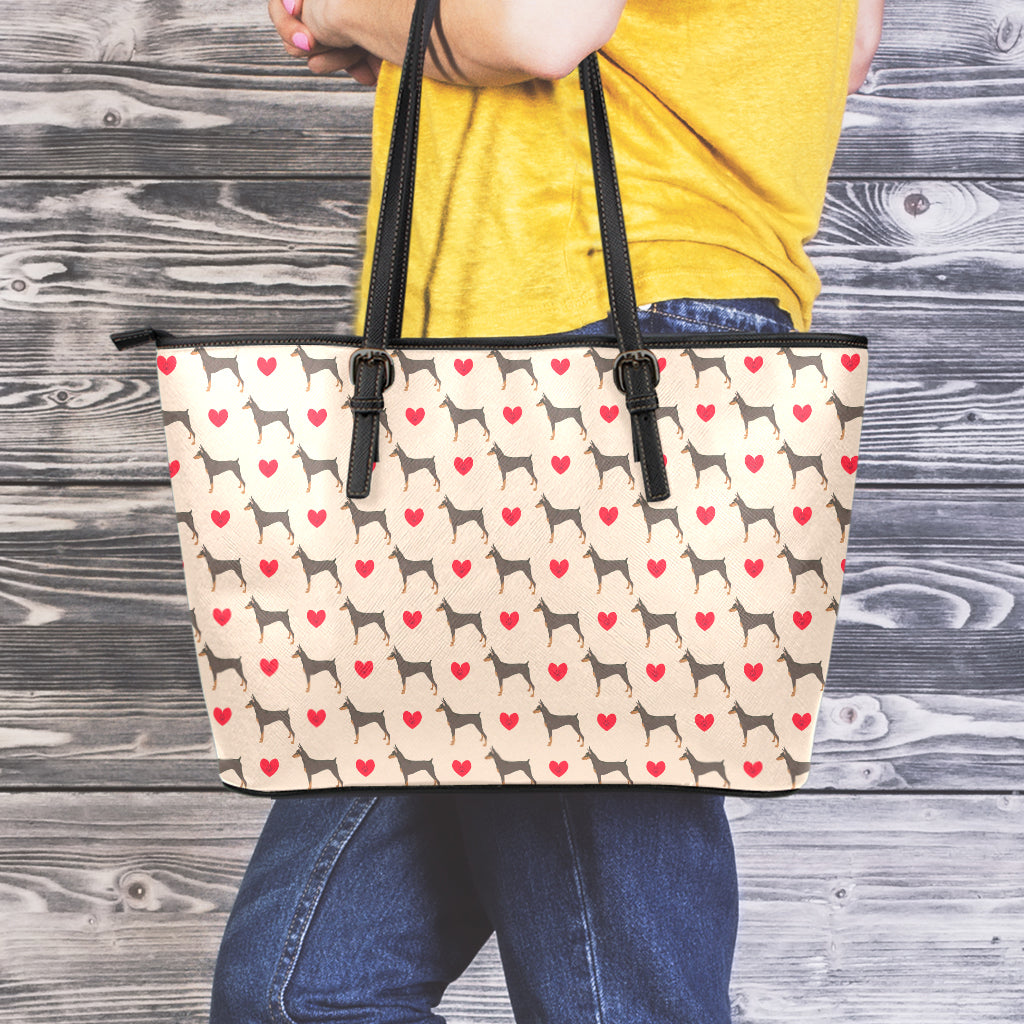 Love Dobermann Pattern Print Leather Tote Bag