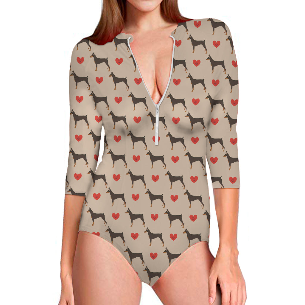 Love Dobermann Pattern Print Long Sleeve One Piece Swimsuit