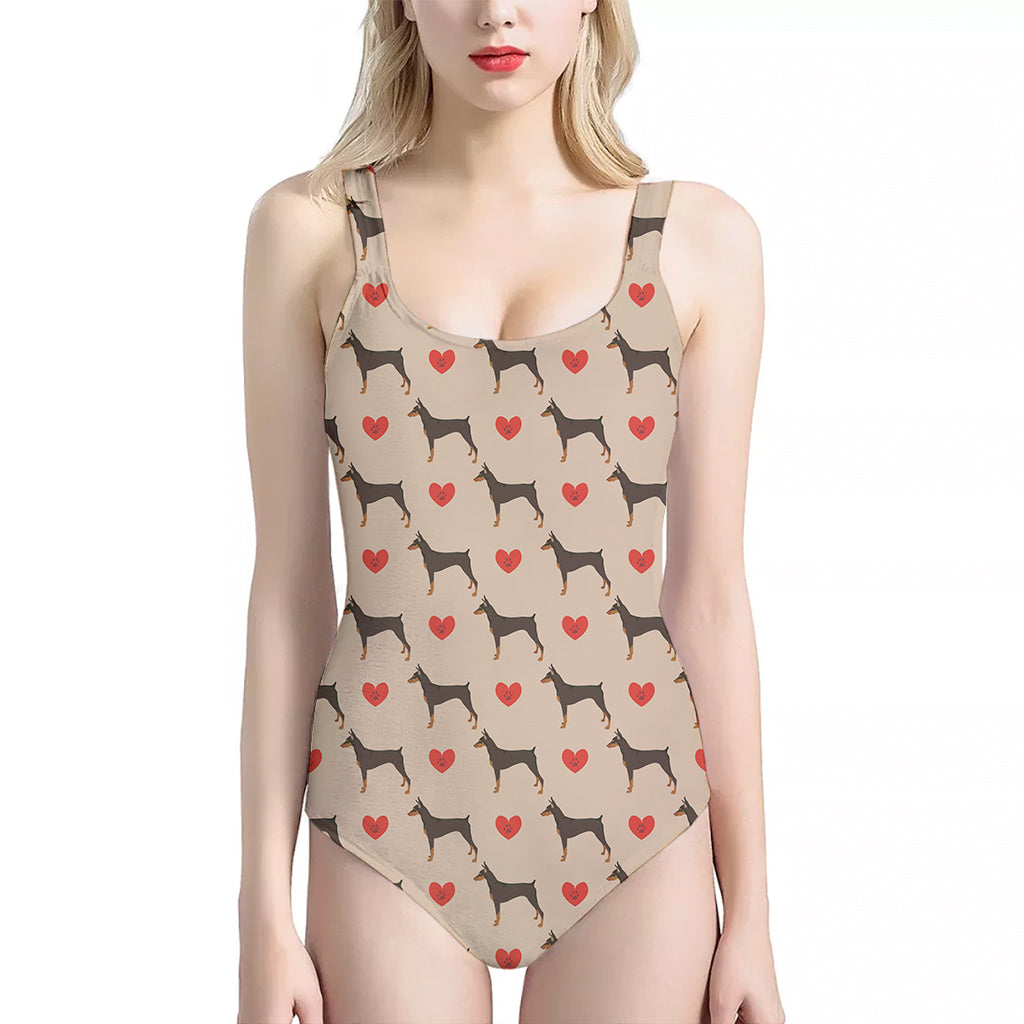 Love Dobermann Pattern Print One Piece Halter Neck Swimsuit