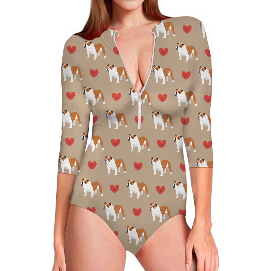 Love English Bulldog Pattern Print Long Sleeve One Piece Swimsuit