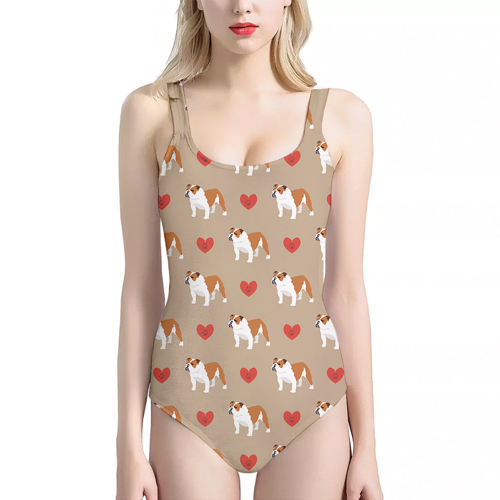 Love English Bulldog Pattern Print One Piece Halter Neck Swimsuit