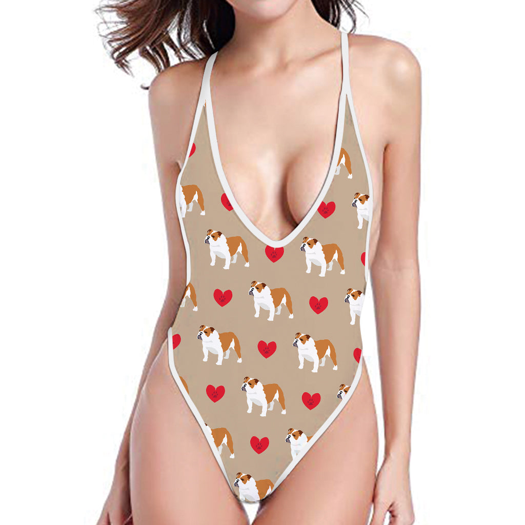 Love English Bulldog Pattern Print One Piece High Cut Swimsuit