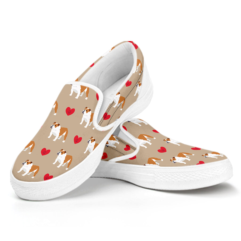 Love English Bulldog Pattern Print White Slip On Shoes