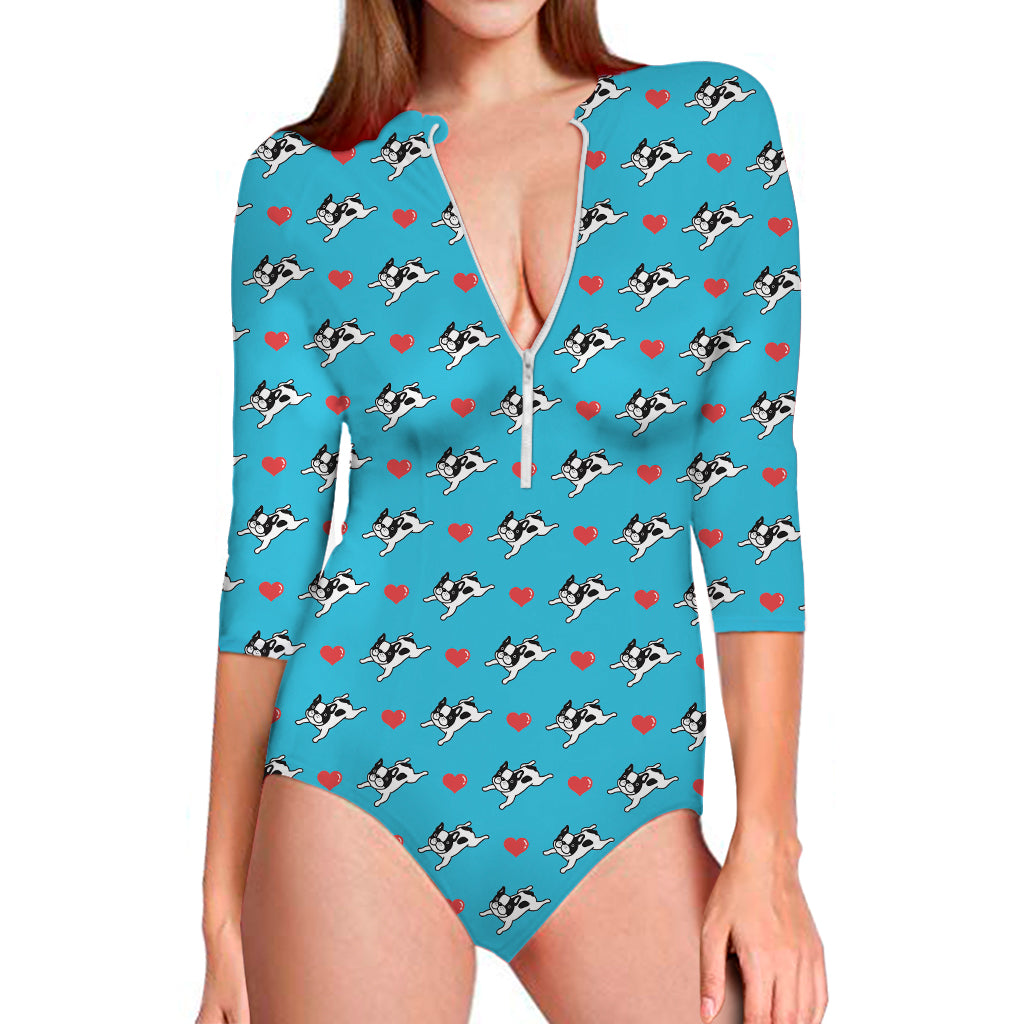 Love French Bulldog Pattern Print Long Sleeve One Piece Swimsuit