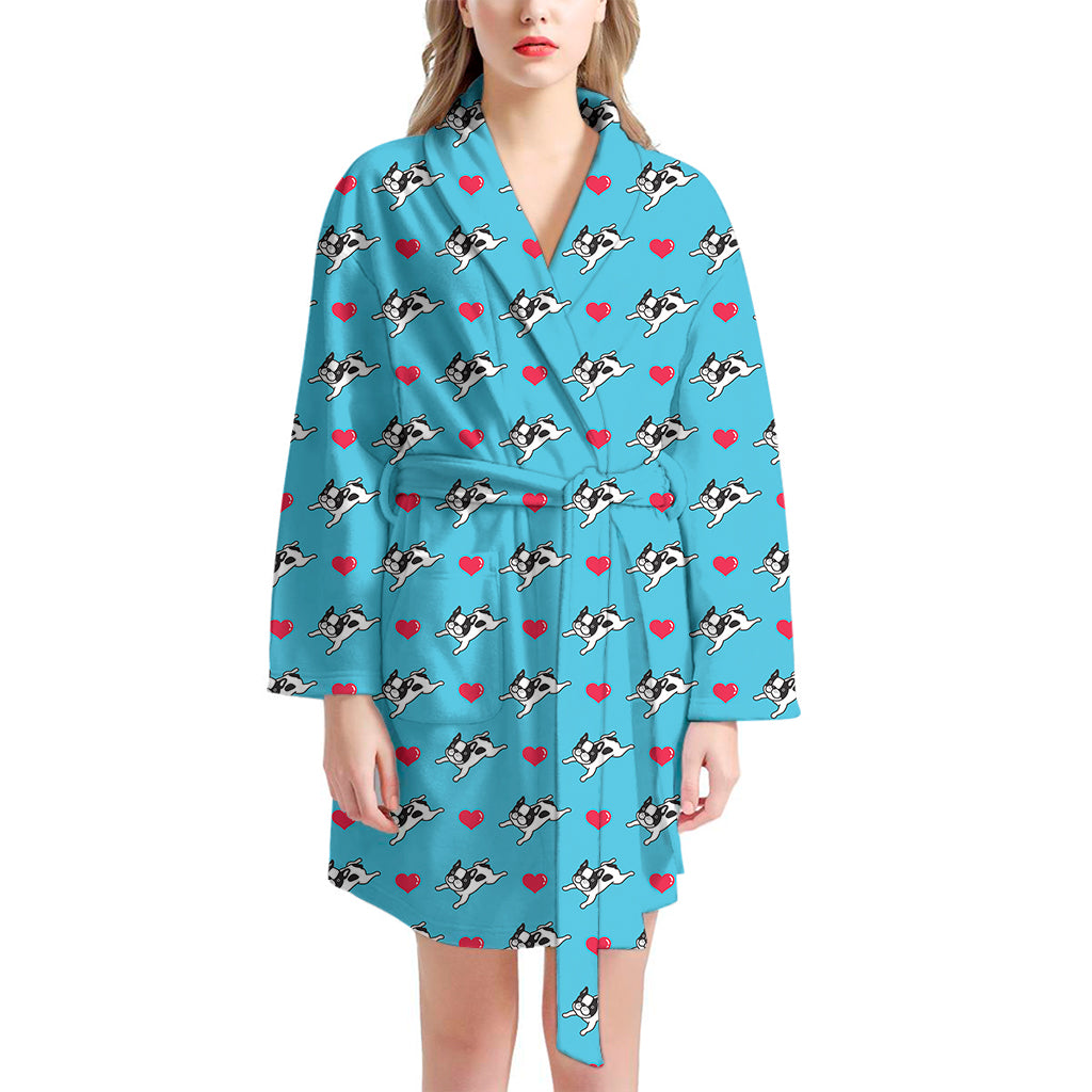 Love French Bulldog Pattern Print Women's Bathrobe