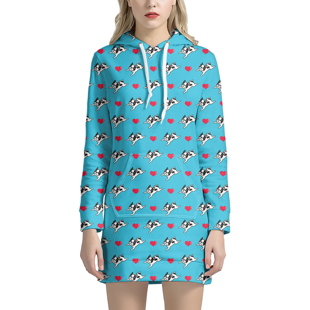 Love French Bulldog Pattern Print Women's Pullover Hoodie Dress