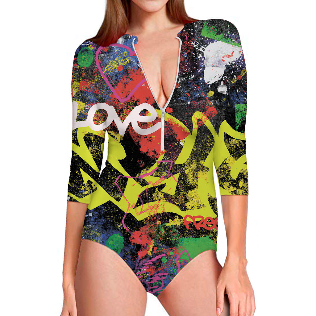 Love NYC Graffiti Print Long Sleeve One Piece Swimsuit