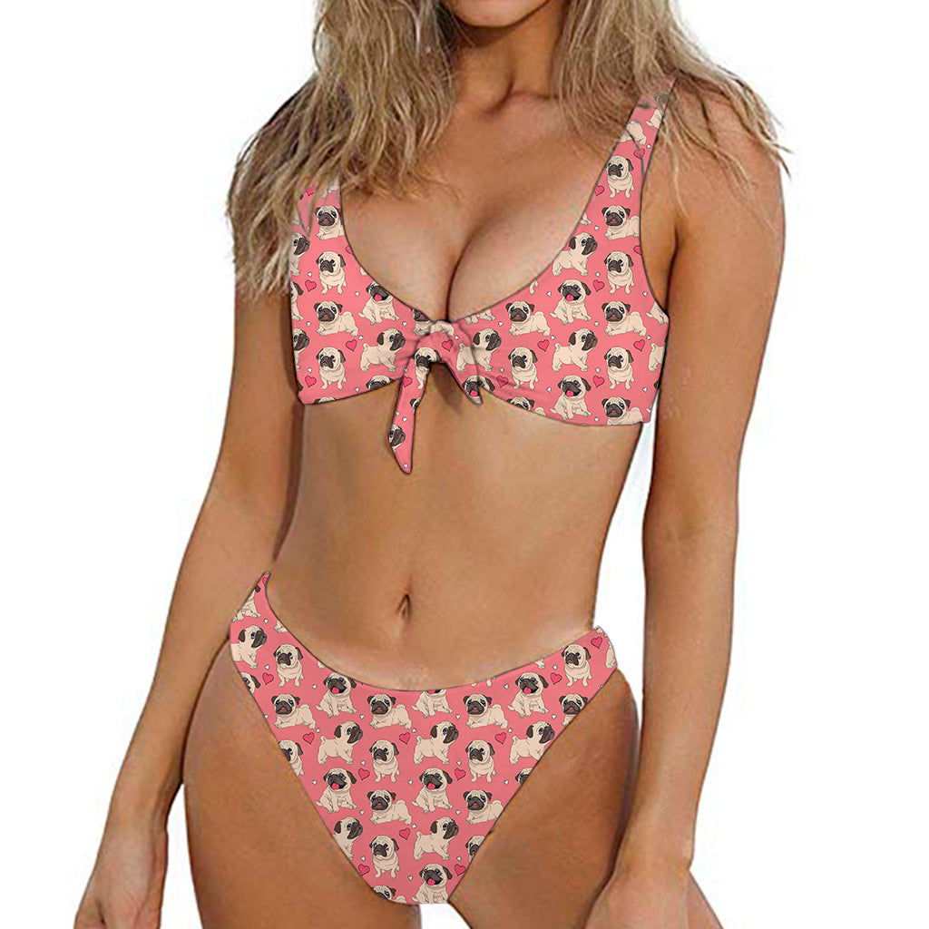 Love Pug Pattern Print Front Bow Tie Bikini