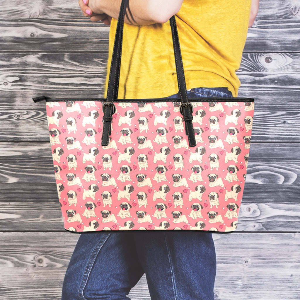 Love Pug Pattern Print Leather Tote Bag