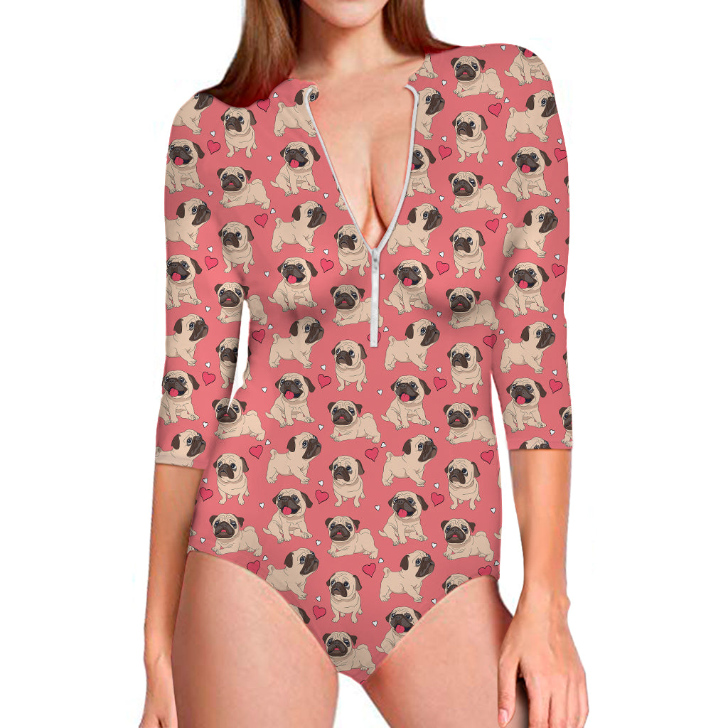 Love Pug Pattern Print Long Sleeve One Piece Swimsuit