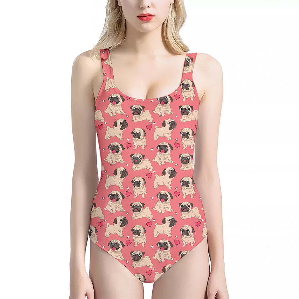 Love Pug Pattern Print One Piece Halter Neck Swimsuit