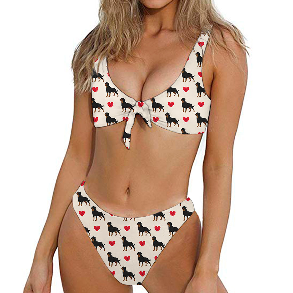 Love Rottweiler Pattern Print Front Bow Tie Bikini