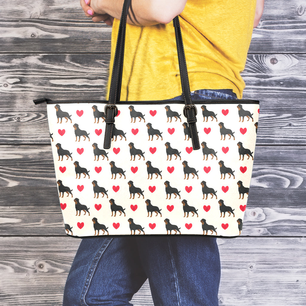 Love Rottweiler Pattern Print Leather Tote Bag