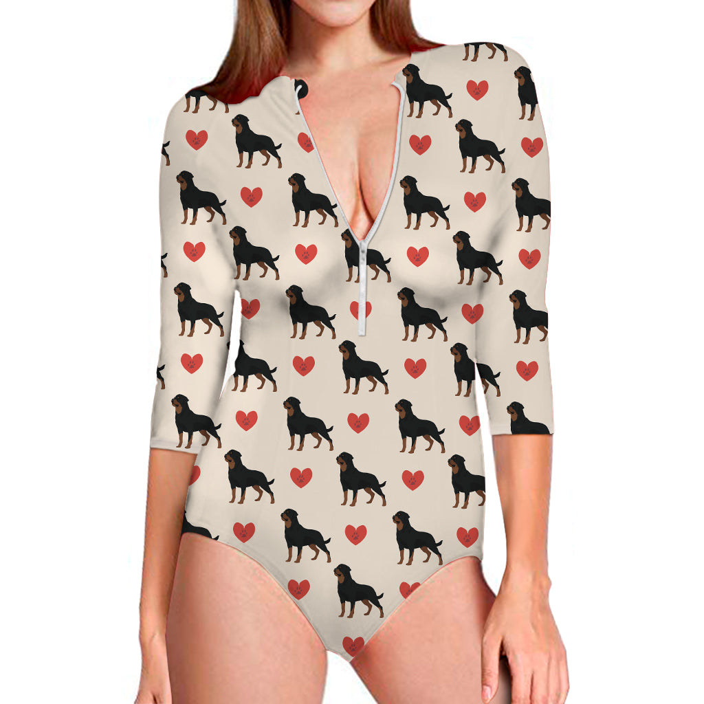 Love Rottweiler Pattern Print Long Sleeve One Piece Swimsuit