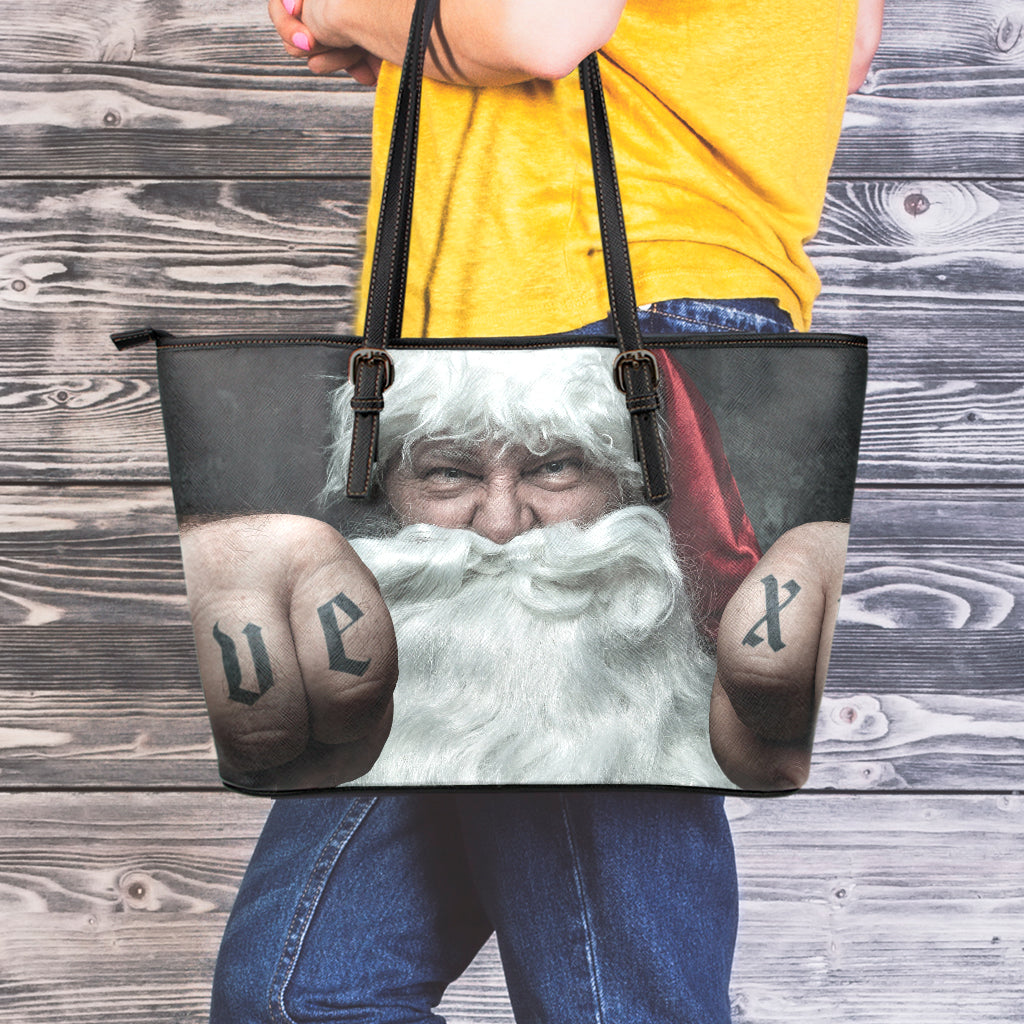 Love Xmas Santa Claus Print Leather Tote Bag