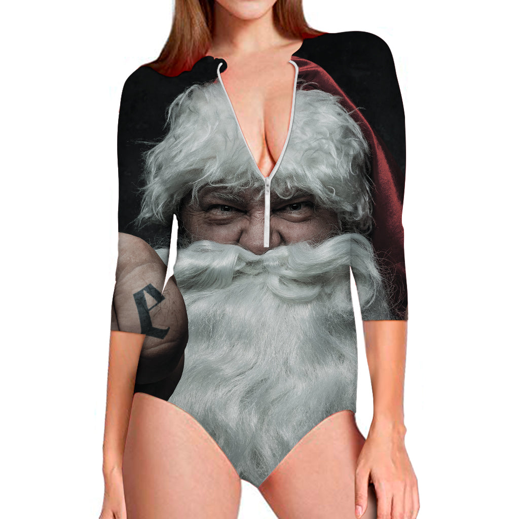 Love Xmas Santa Claus Print Long Sleeve One Piece Swimsuit