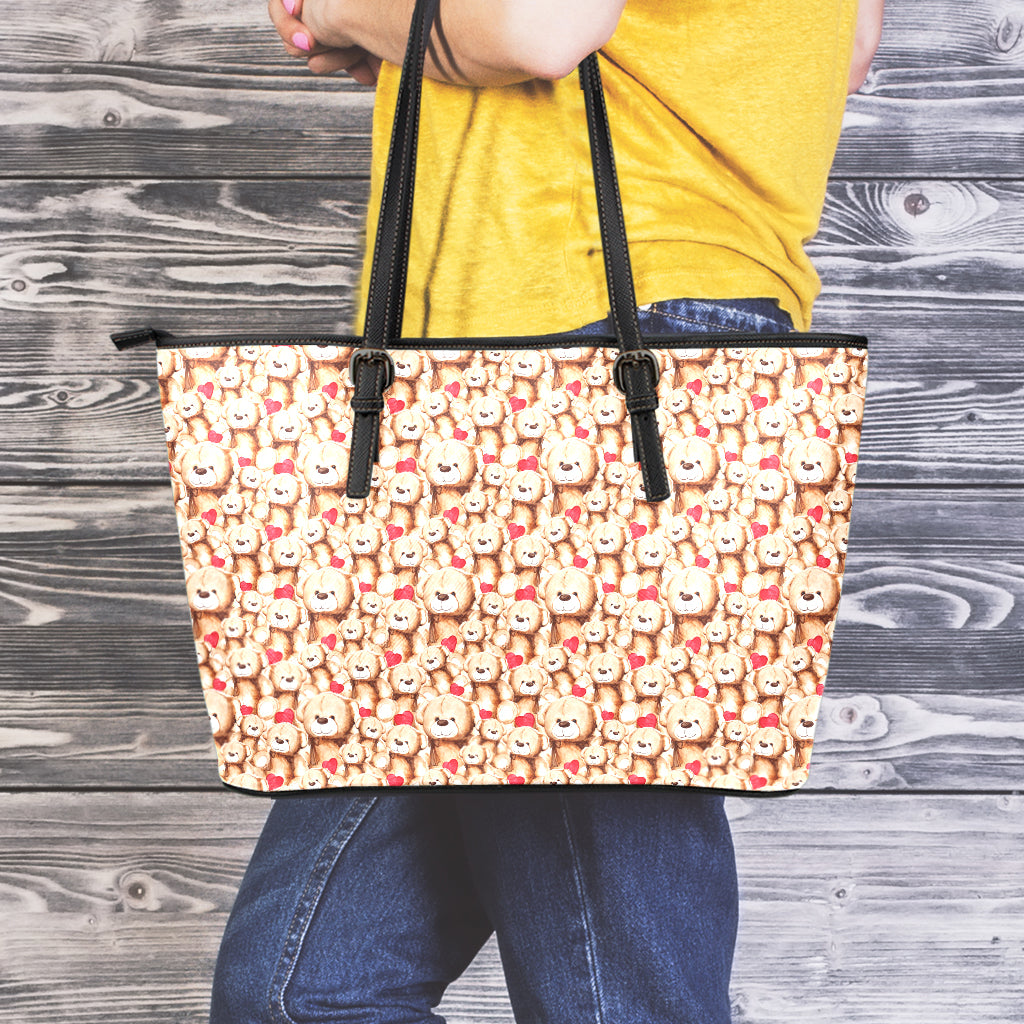 Lovely Teddy Bear Pattern Print Leather Tote Bag