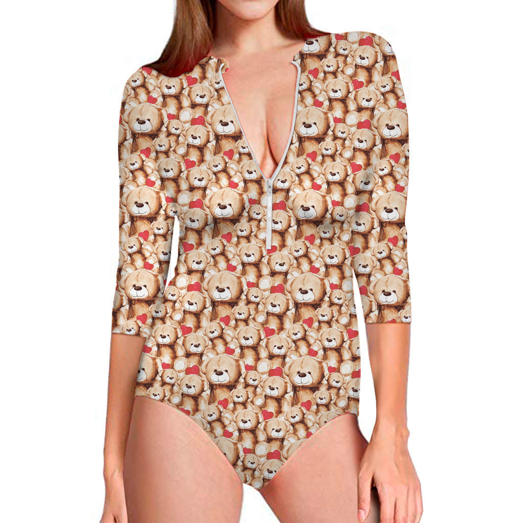 Lovely Teddy Bear Pattern Print Long Sleeve One Piece Swimsuit