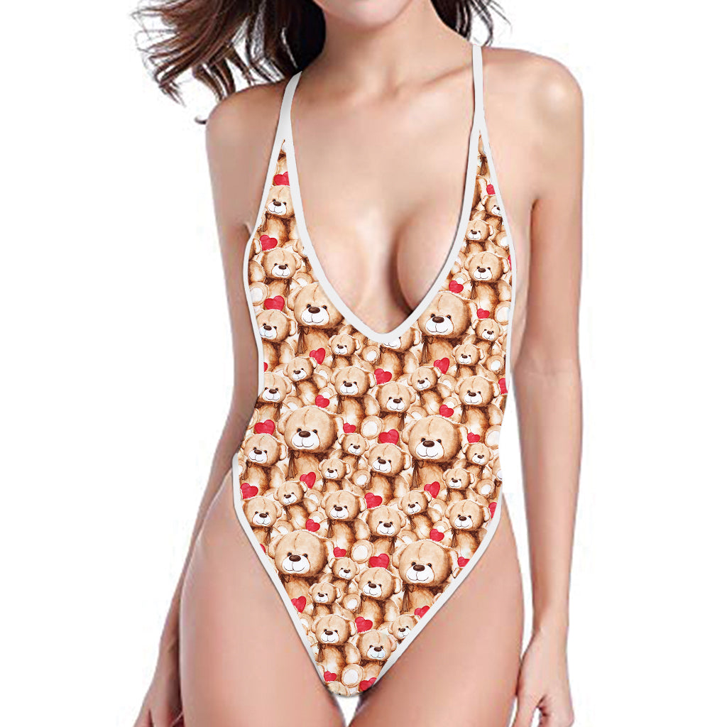 Lovely Teddy Bear Pattern Print One Piece High Cut Swimsuit