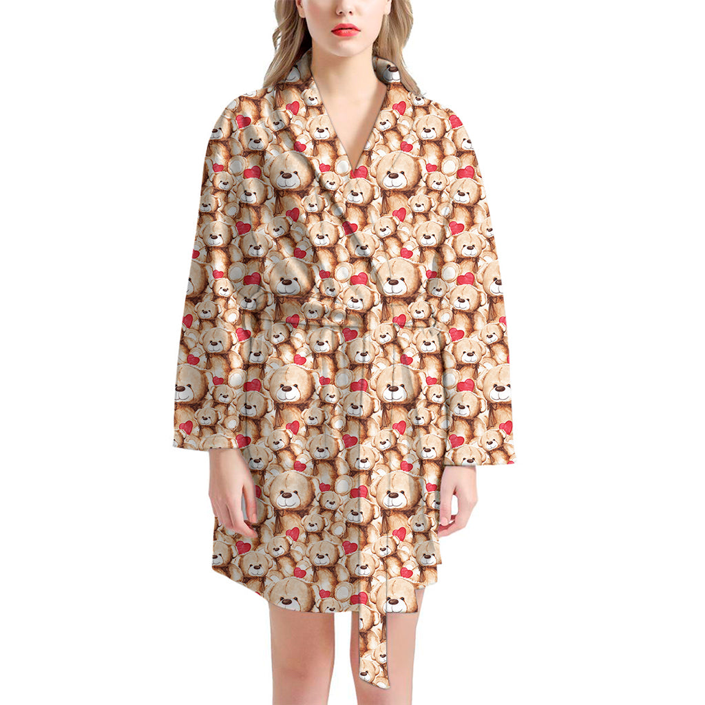 Lovely Teddy Bear Pattern Print Women's Bathrobe