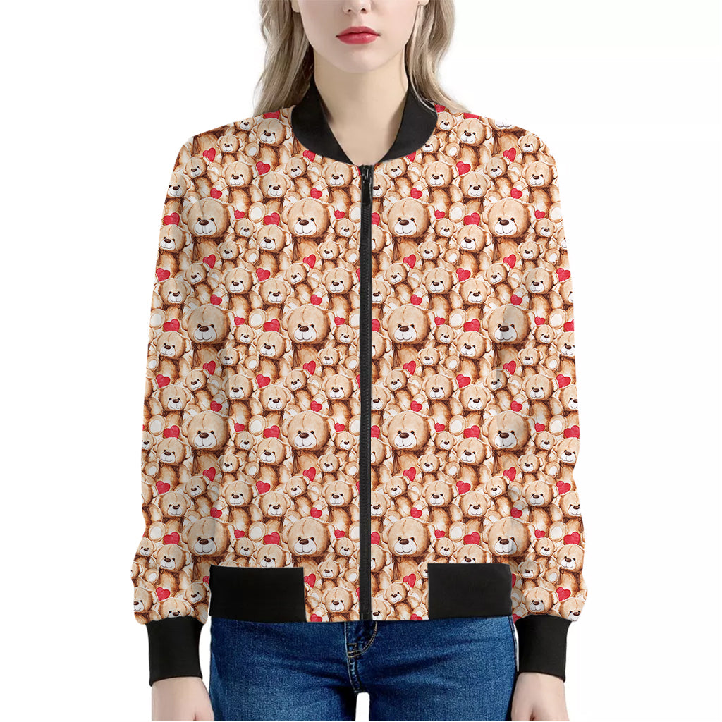 Lovely Teddy Bear Pattern Print Women's Bomber Jacket