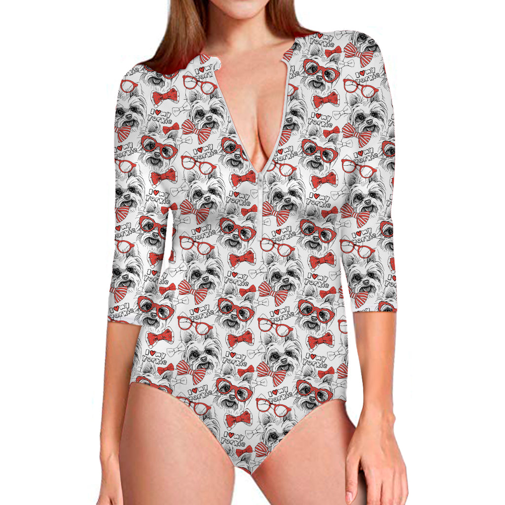 Lovely Yorkshire Terrier Pattern Print Long Sleeve One Piece Swimsuit