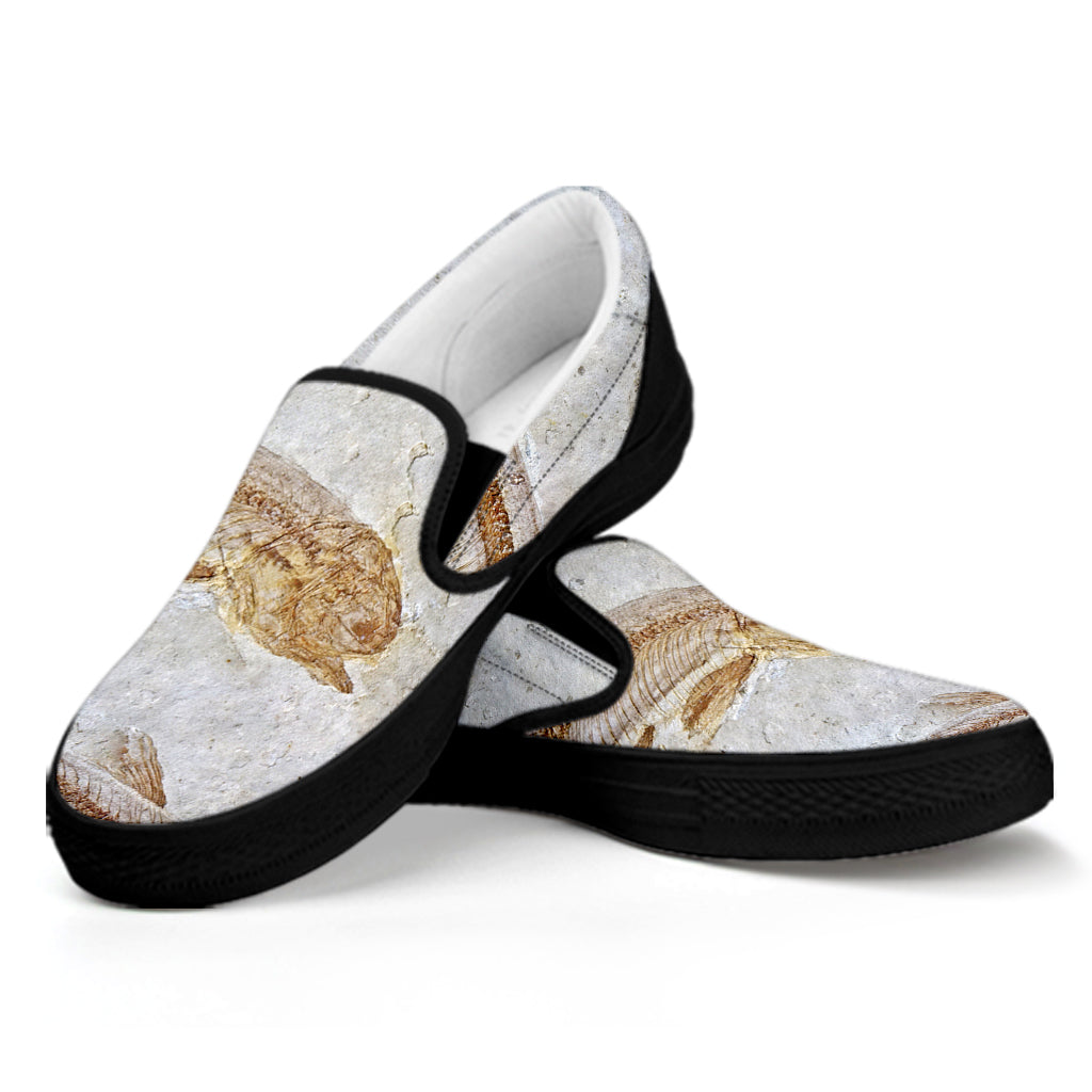 Lycoptera Fish Fossil Print Black Slip On Shoes