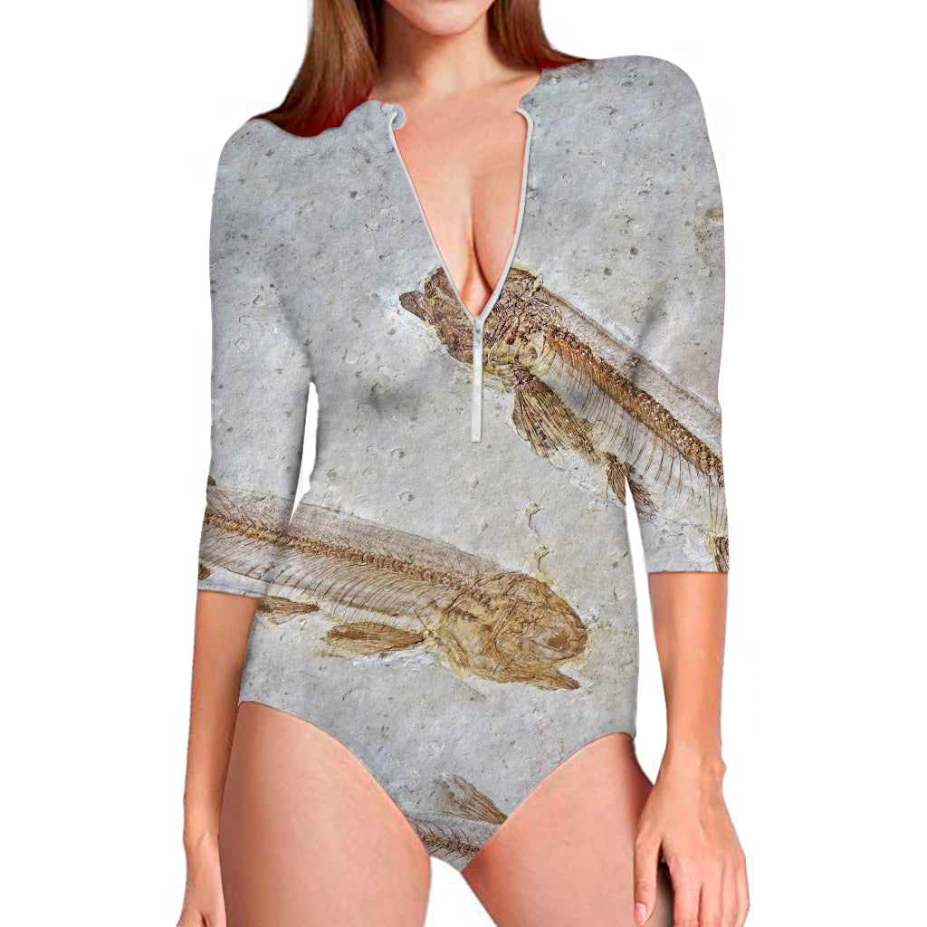 Lycoptera Fish Fossil Print Long Sleeve One Piece Swimsuit