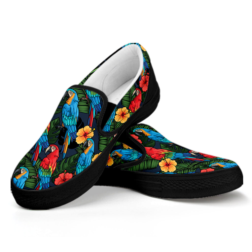 Macaw Parrot Pattern Print Black Slip On Shoes