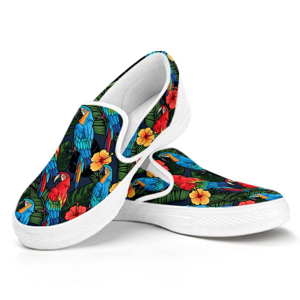 Macaw Parrot Pattern Print White Slip On Shoes