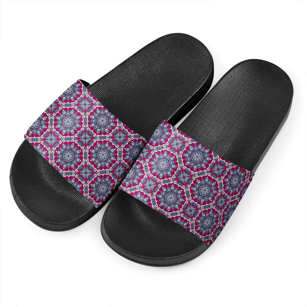 Magenta Mandala Bohemian Pattern Print Black Slide Sandals