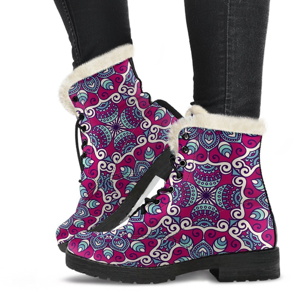 Magenta Mandala Bohemian Pattern Print Faux Fur Leather Boots