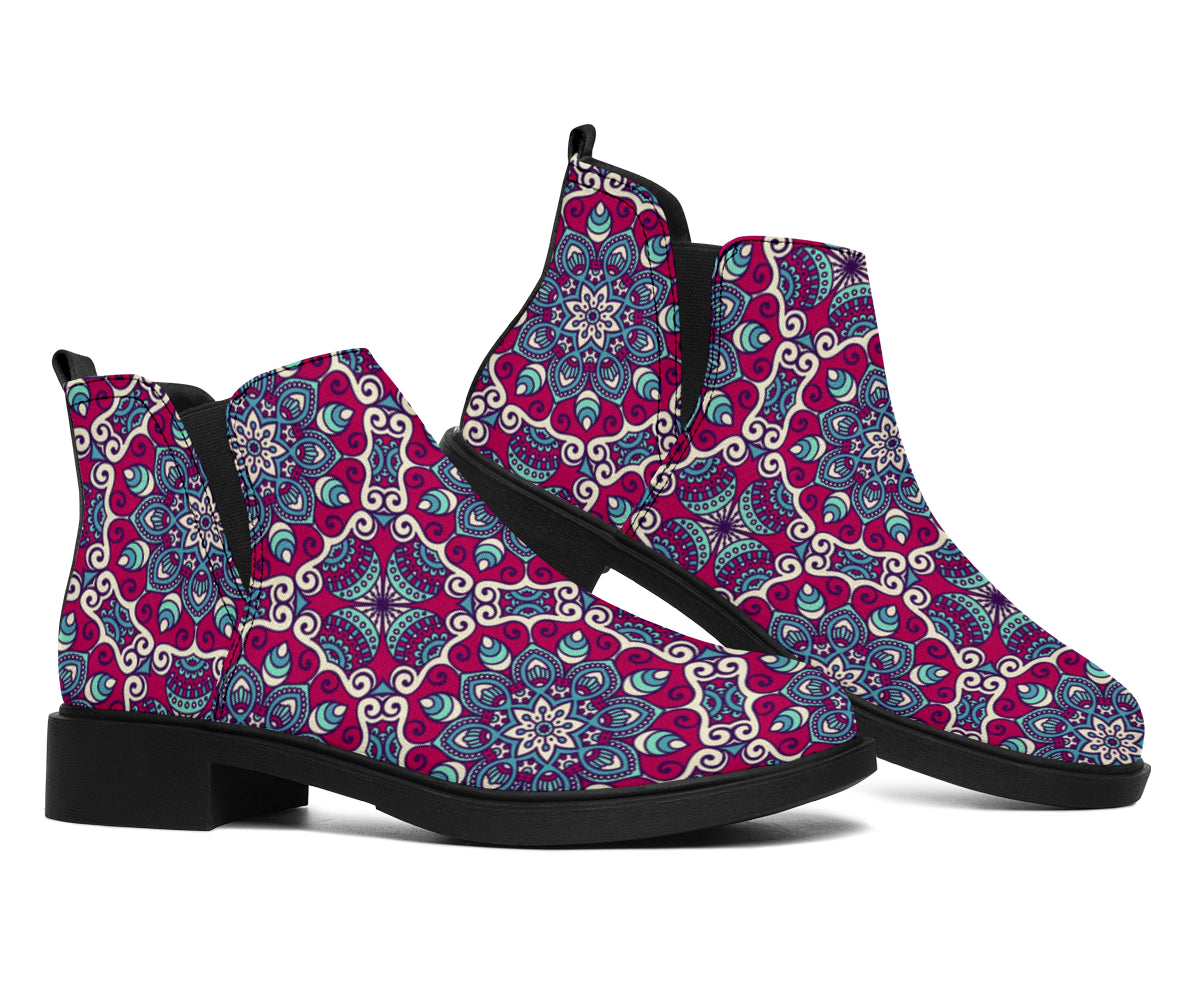 Magenta Mandala Bohemian Pattern Print Flat Ankle Boots