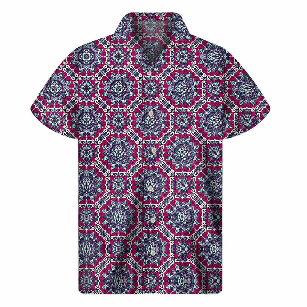 Magenta Mandala Bohemian Pattern Print Men's Short Sleeve Shirt