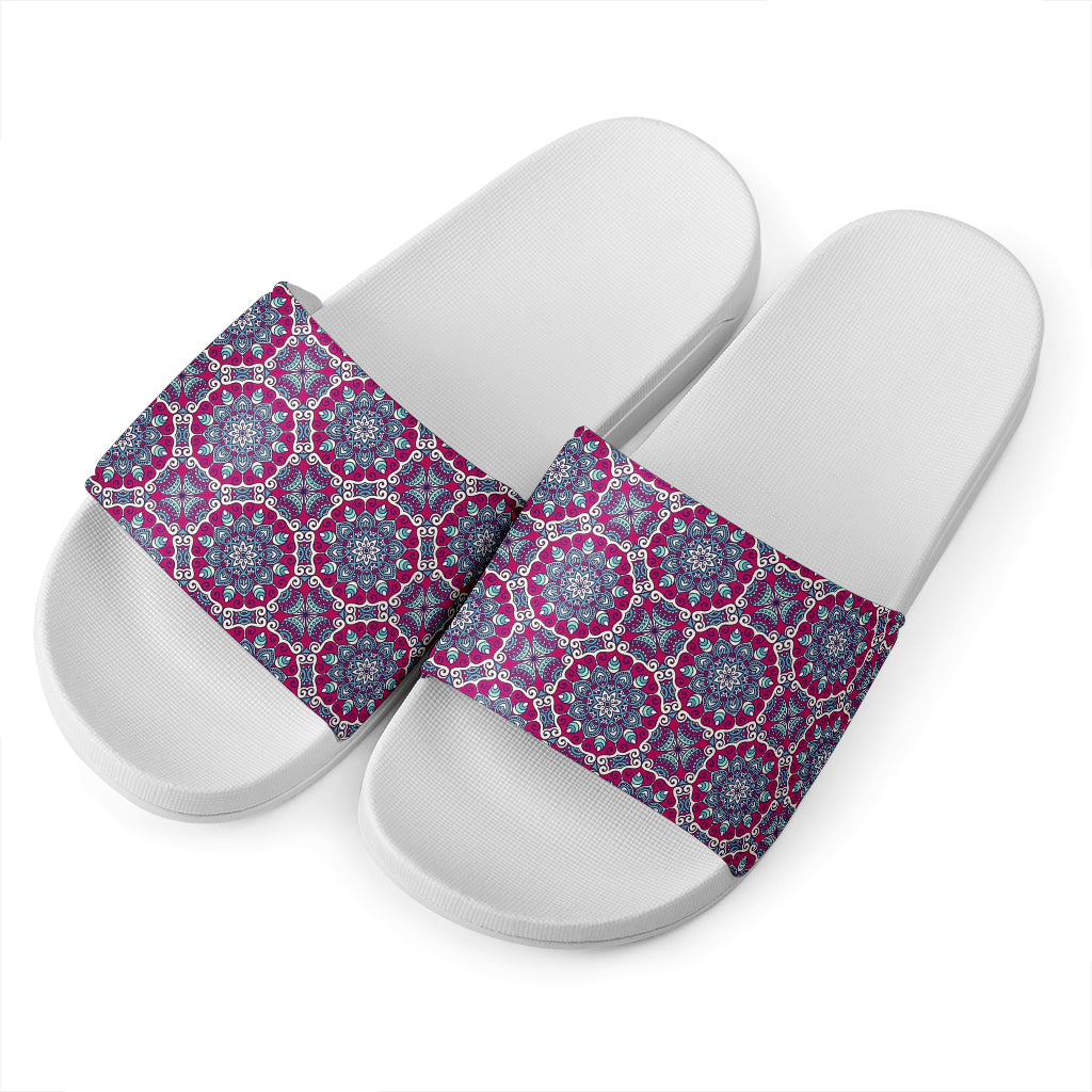 Magenta Mandala Bohemian Pattern Print White Slide Sandals