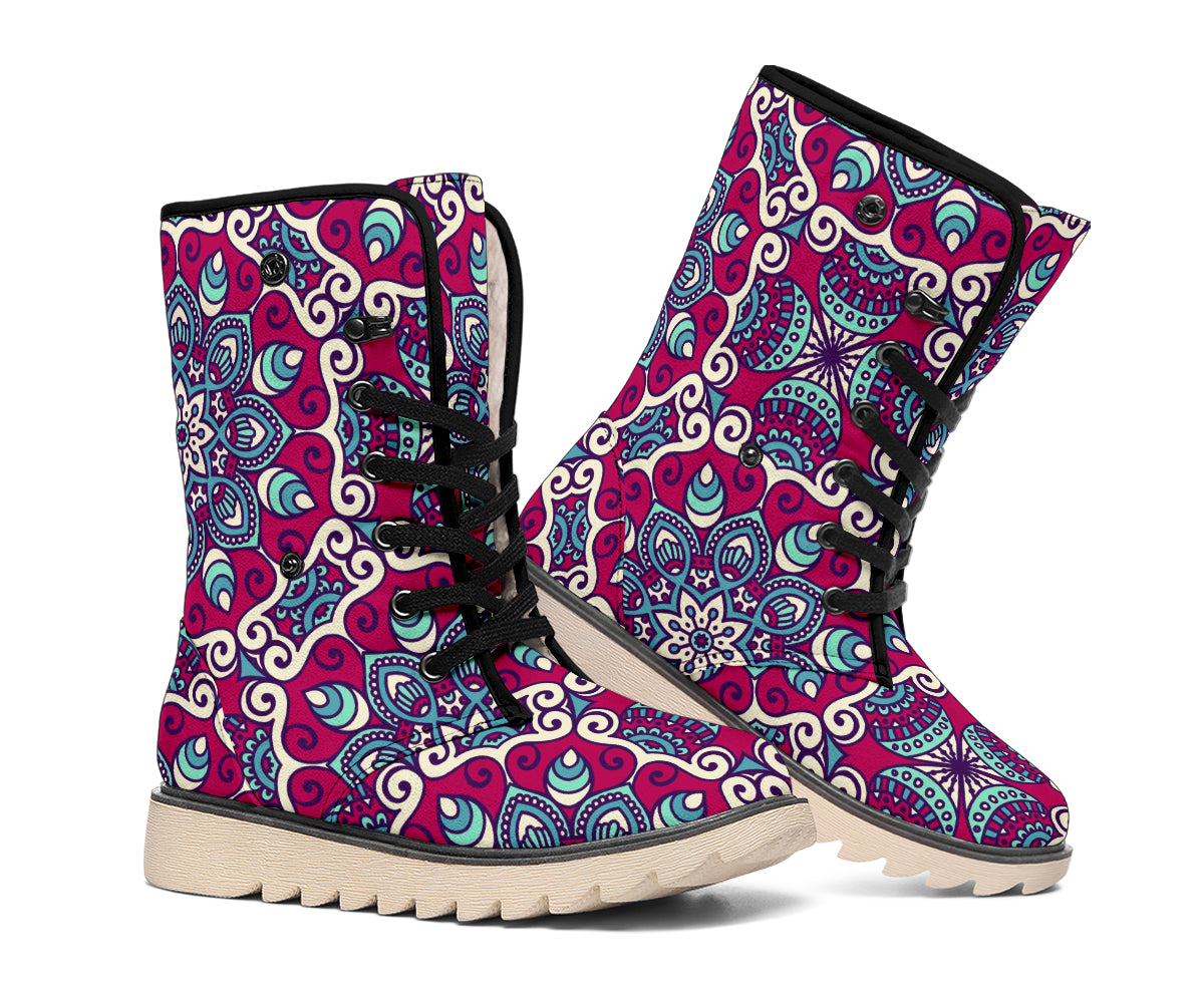 Magenta Mandala Bohemian Pattern Print Winter Boots