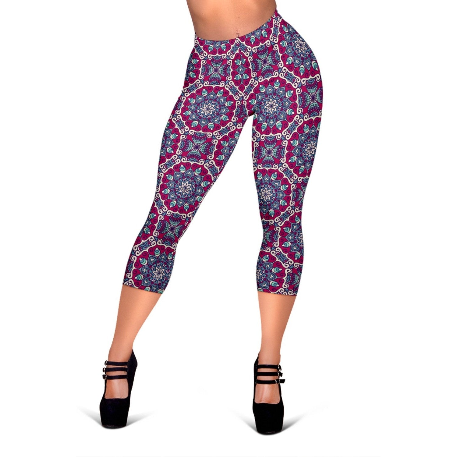 Magenta Mandala Bohemian Pattern Print Women's Capri Leggings