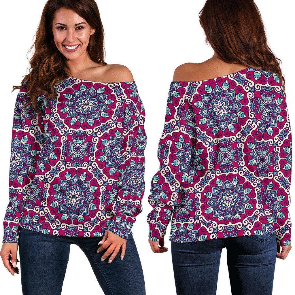 Magenta Mandala Bohemian Pattern Print Women's Off-Shoulder Sweatshirt