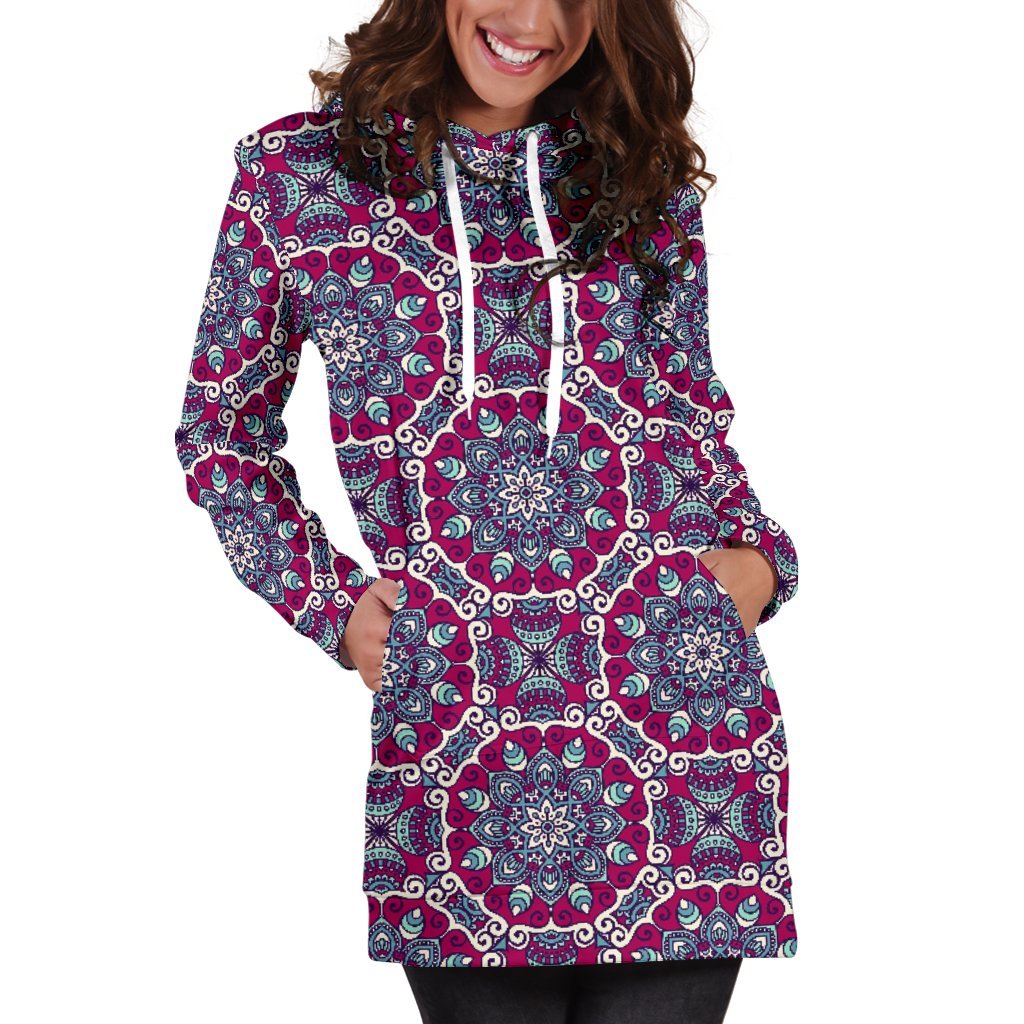 Magenta Mandala Bohemian Pattern Print Women's Pullover Hoodie Dress