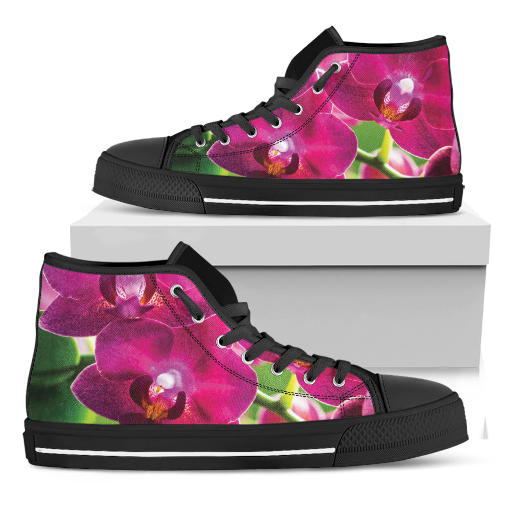 Magenta Orchid Flower Print Black High Top Shoes