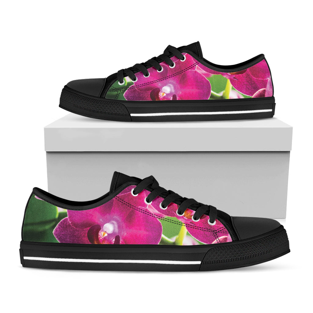 Magenta Orchid Flower Print Black Low Top Shoes