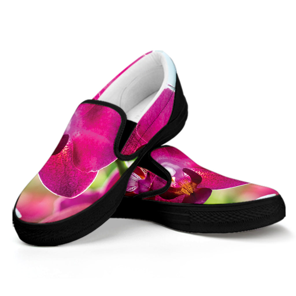 Magenta Orchid Flower Print Black Slip On Shoes